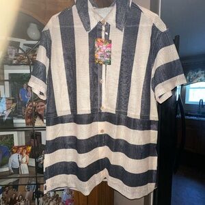 NEW NWT SMALL GACAKY Navy/Cream Sheer Striped Tunic or Bathing Suit Cover Up